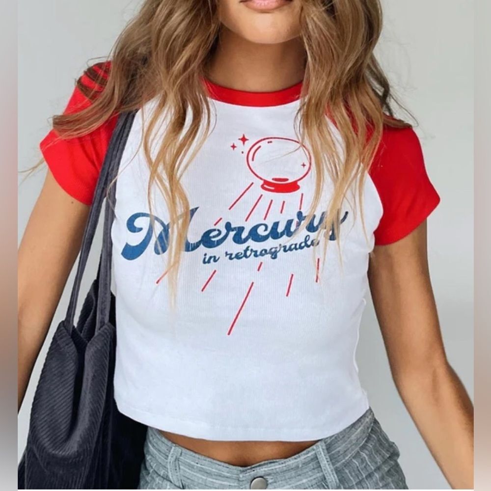 Mercury In Retrograde Crop Baby Tee White Red Raglan Baseball Astrology‎ Size M